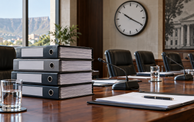 Report binders and a clock on an empty committee table