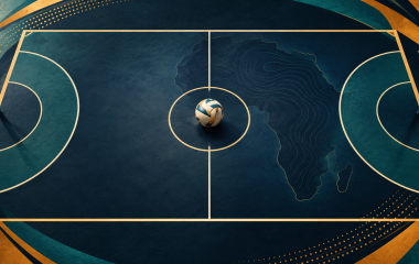 Conceptual netball court illustration with a ball and outline of Africa