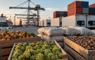 South African fruit, grain and nuts prepared for export at a port