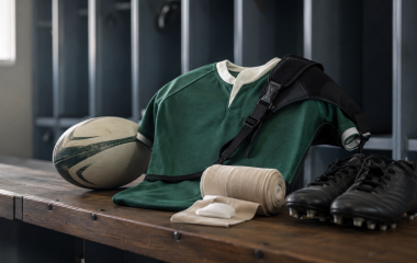 Green rugby jersey, shoulder support and bandages on a changing-room bench