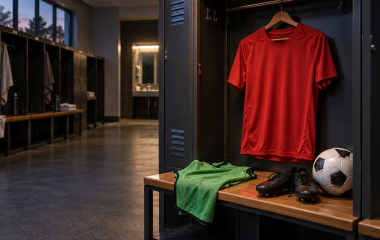 Blank red football jersey, green training bib, boots and ball in an empty changing room