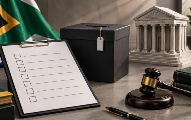 A blank candidate checklist, ballot box and courthouse model on a desk