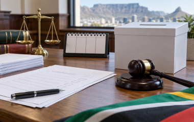 Blank candidate forms, ballot box and gavel representing an Electoral Court dispute