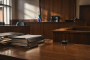 Empty South African courtroom with legal files and a witness microphone