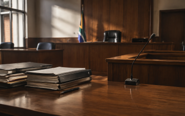 Empty South African courtroom with legal files and a witness microphone