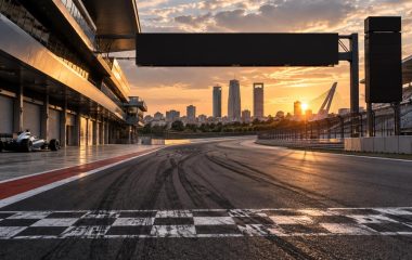 A generic silver racing car beside an empty circuit in Madrid