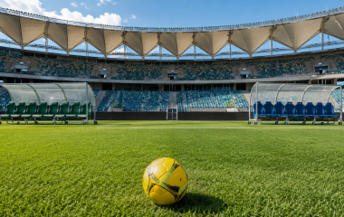 Yellow football between green and blue team benches in an empty stadium