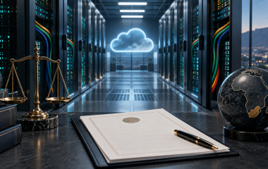 A symbolic cloud computing data centre with a policy document in the foreground