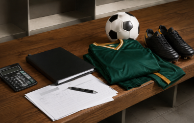 An unbranded green and gold football kit beside payment documents