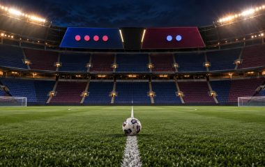 A football on an empty Spanish stadium pitch beneath an abstract four-to-two score display