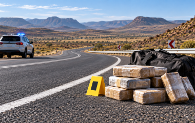 Symbolic packages beside a Karoo road with a police vehicle in the distance