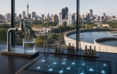 Water and electricity infrastructure models against a symbolic Johannesburg skyline