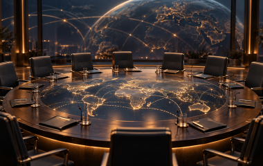 An empty international conference table with a glowing world map