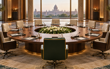 Empty circular international conference table in a modern hall