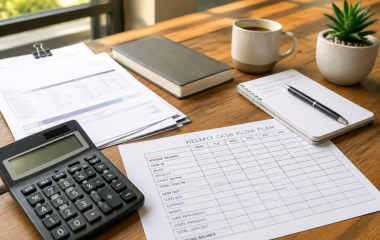 Calculator and weekly cash-flow planning sheet on a small-business desk