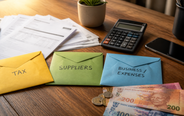 Illustration of colour-coded money envelopes, a calculator and South African currency on a business desk