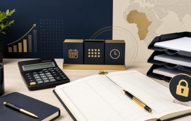 Illustrated ledger, calculator and folders on a small-business desk