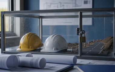Locked display containing hard hats and a model road beside engineering plans