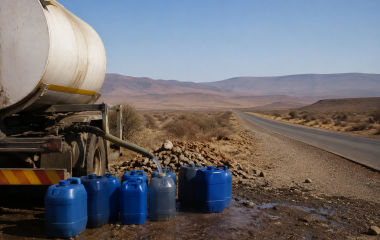 Water tanker filling containers beside a dry Karoo road