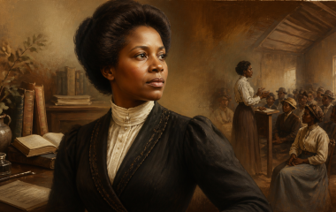 Portrait-inspired historical illustration of Charlotte Maxeke with books and a community meeting