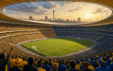 Neutral illustrated football on a South African stadium pitch