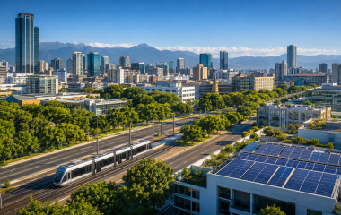 Modern African city with clear skies, electric public transport, solar panels and urban trees