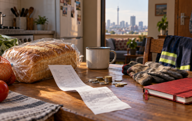 Bread, a grocery receipt, coins and work gloves on a household table