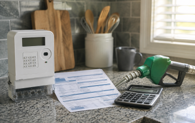 Electricity meter, utility bill, fuel nozzle and calculator
