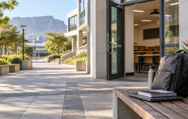 An empty university campus walkway and a backpack representing the return to classes