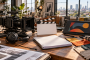 Camera, headphones, drawing tablet and blank script in a Johannesburg creative studio