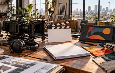 Camera, headphones, drawing tablet and blank script in a Johannesburg creative studio
