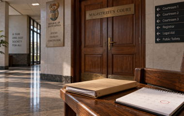 An empty South African magistrate's court corridor with a closed case file and calendar