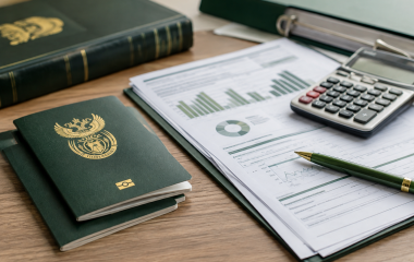 Travel documents, calculator and government report on a desk