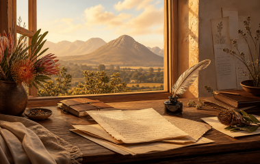Proteas, archival papers and a writing desk overlooking a South African landscape