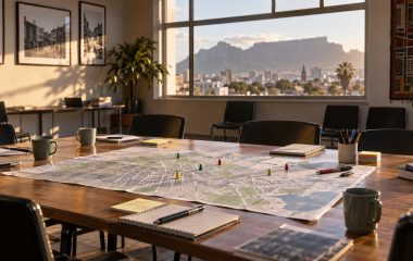 An empty community meeting table with a neighbourhood map and safety markers