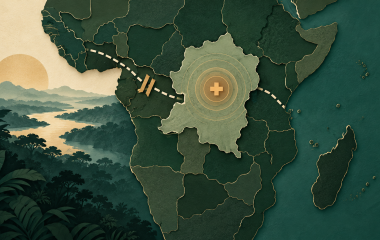 Conceptual illustrated map of central Africa with the DRC highlighted and a public-health symbol; not a documentary scene