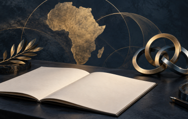Illustration of an open blank document, abstract African map and linked rings; not a photograph of the UN meeting