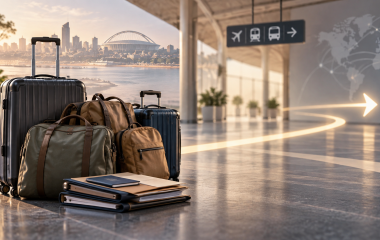 Travel bags and document folders beside a glowing route arrow