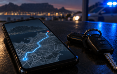 A mobile phone showing a route beside car keys and distant police lights