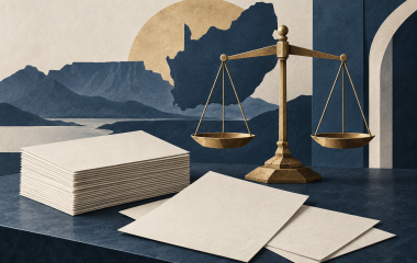 Illustrated blank ballot papers beside scales of justice