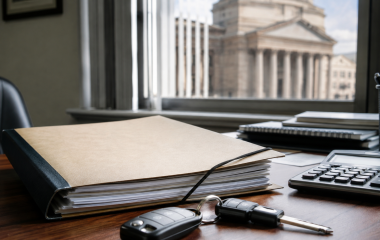 Municipal procurement file, vehicle keys and calculator on an office desk