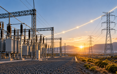 Electricity substation and transmission lines at sunrise