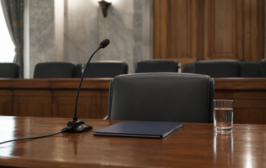 Illustration of an empty commission witness chair with a microphone and closed file