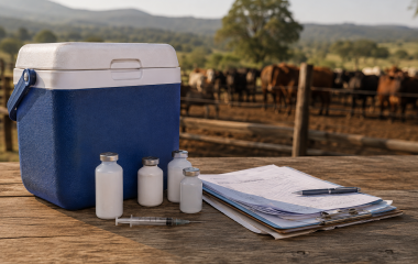 Veterinary vaccine cooler and paperwork beside a cattle enclosure