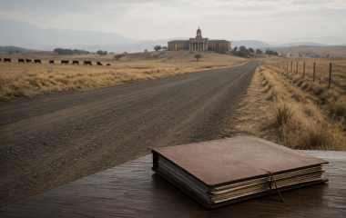 Closed case file beside an empty rural Free State road