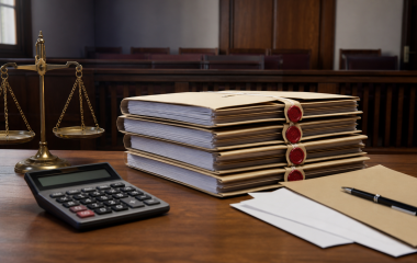 Illustration of sealed estate files, scales and a calculator in an empty courtroom