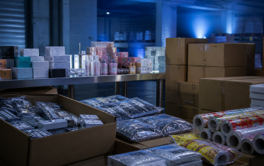 Illustration of unbranded goods and sealed boxes in a warehouse inspection area
