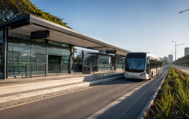 Unbranded rapid-transit bus approaching a completed dedicated station
