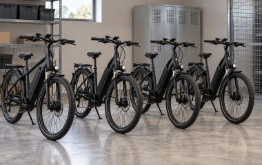 Four black electric bicycles in a secure storage room