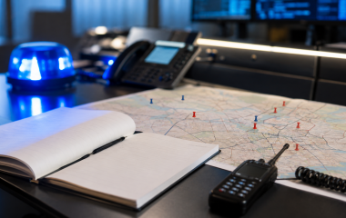 Incident notebook, radio and location map on a police operations desk